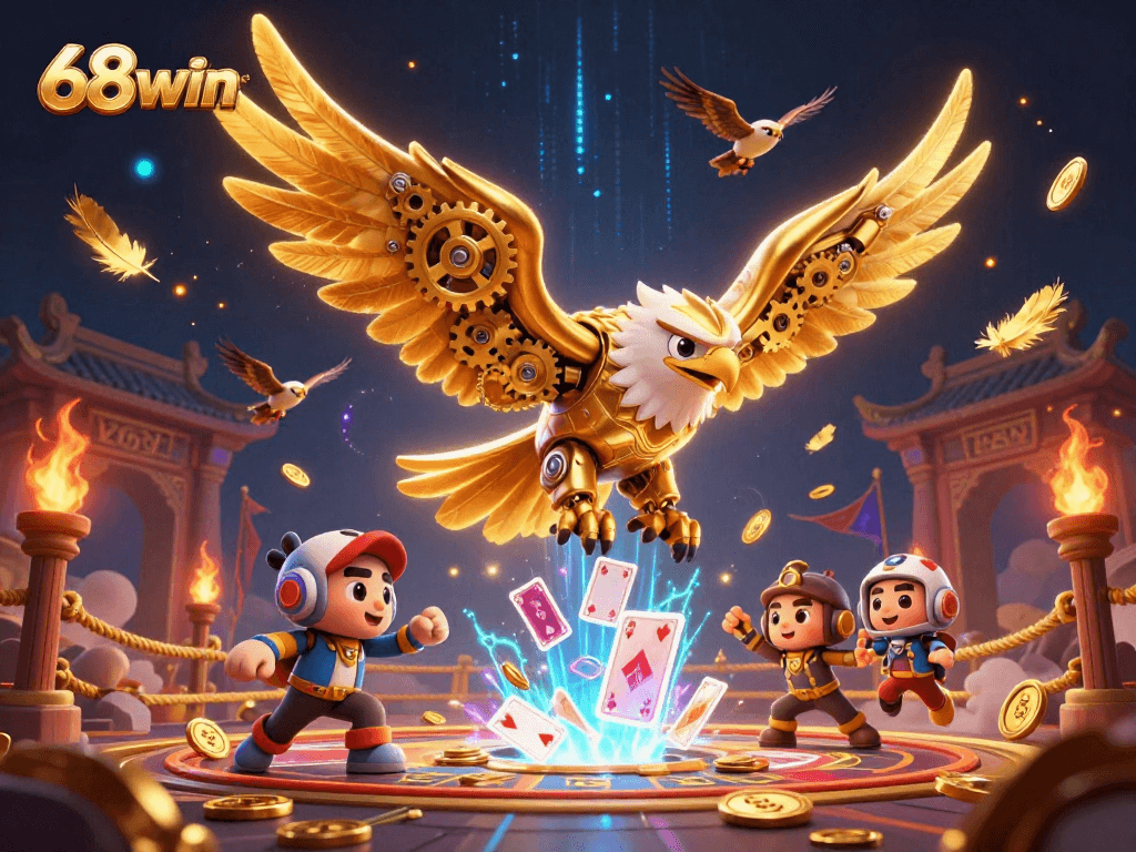 Bet on 68win with an energetic scene featuring a cybernetic eagle diving through holographic playing cards.