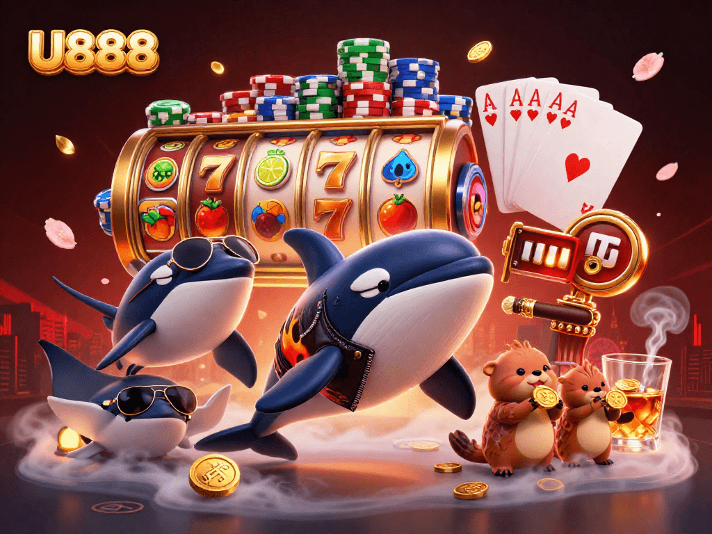 U888 casino scene showcasing thrilling slot reels and engaging sea characters with golden coins.