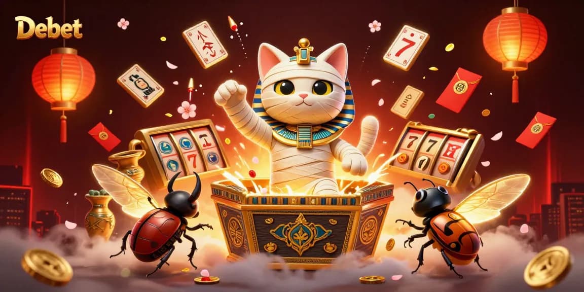 Engage in thrilling gaming action at Debet with a vibrant casino scene featuring unique characters.