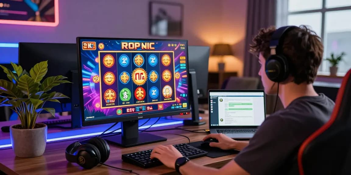 Engaging player at a new online slot site with vibrant graphics and high RTP percentages.
