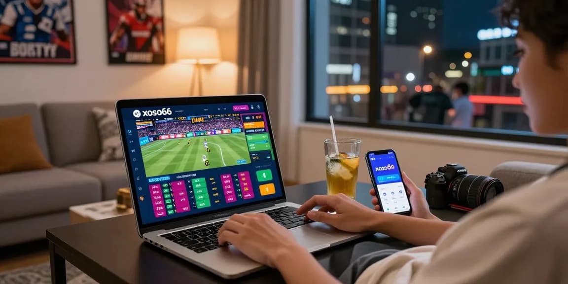 xoso66 user engaging with online betting platform in a cozy setting