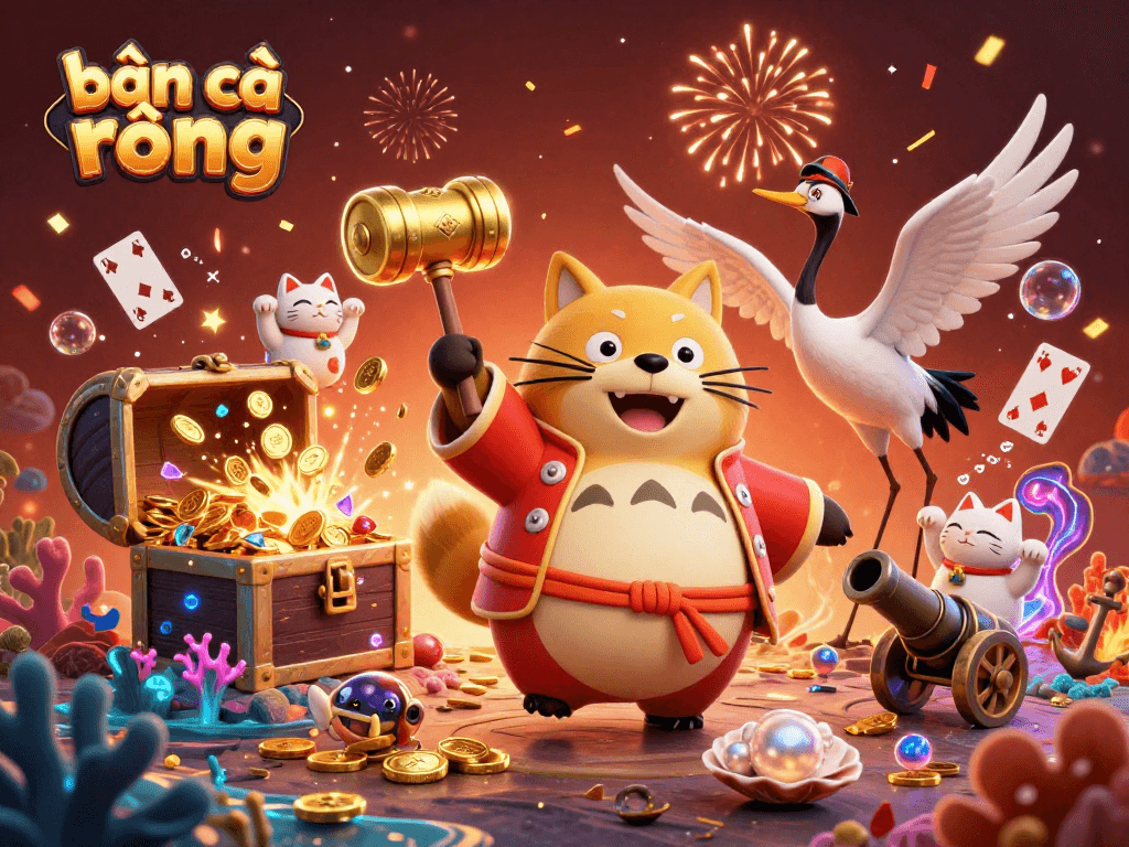Engage in exciting bắn cá rồng action with a cheerful tanuki and vibrant characters celebrating underwater treasure.