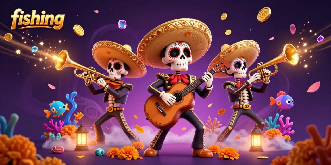 Fishing game scene with cartoon skeletons playing instruments, vibrant sea creatures shooting from a cannon.