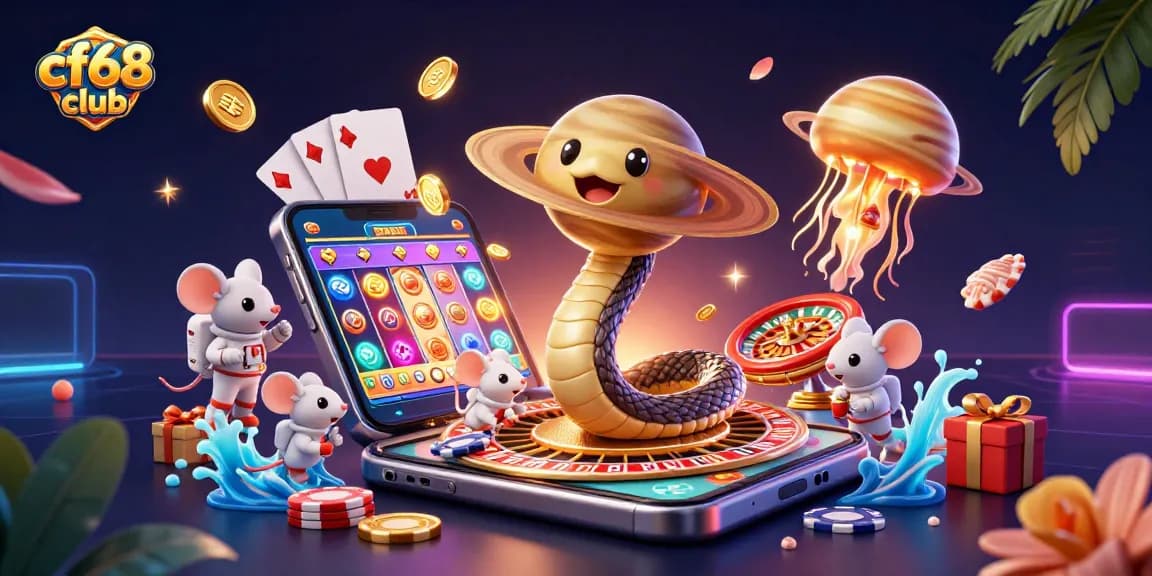 Experience the thrill at cf68 club with a cosmic-themed casino illustration featuring vibrant games and engaging characters.