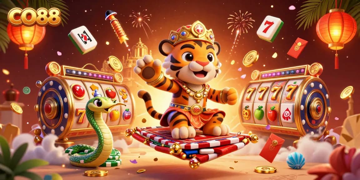 Play colorful slots with CO88’s enchanting tiger sultan in an Arabian-themed digital illustration.