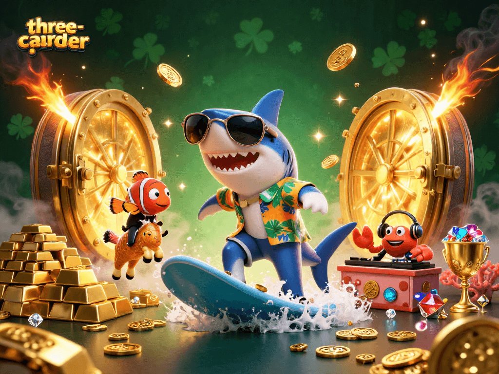 Engage in dynamic three-card-poker action as a hammer-head shark surfs gold coins amidst a vibrant casino scene.