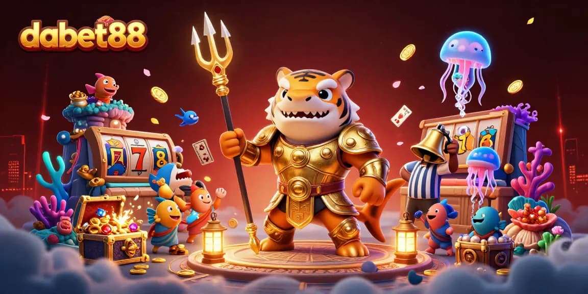 Dabet88 online casino illustration with a vibrant scene of a tiger shark, treasure, and slot elements enhancing gambling excitement.