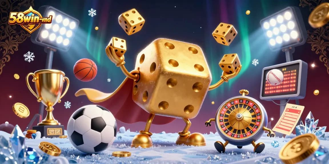 Experience thrilling wins with 58win-vnd in this vibrant casino-themed illustration showcasing gold dice and dynamic sports elements.