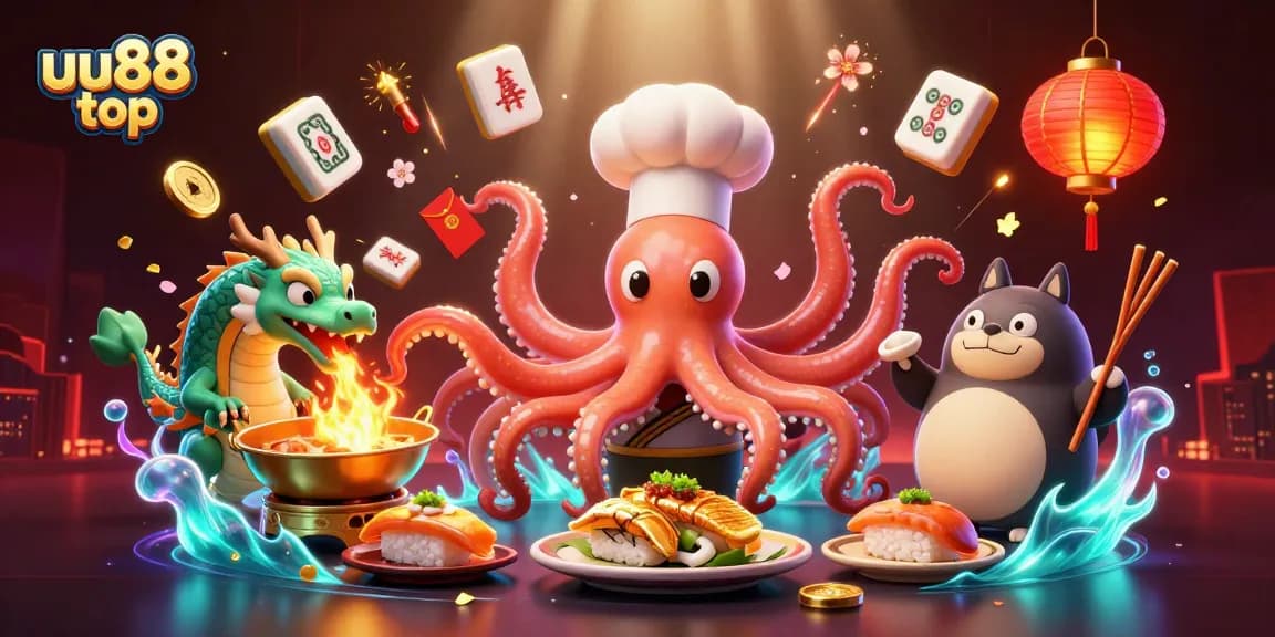 Experience the vibrant world of uu88 top with a dynamic cartoon casino scene featuring a chef octopus and a dragon.