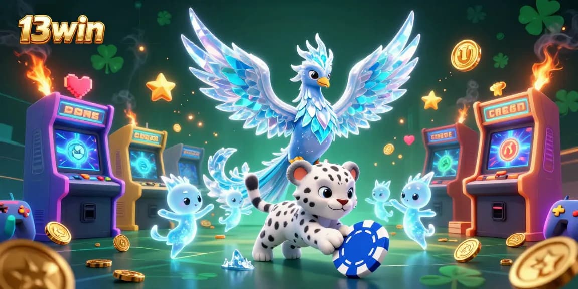 Join 13win in an exciting 3D fantasy casino scene filled with vibrant game elements and characters.