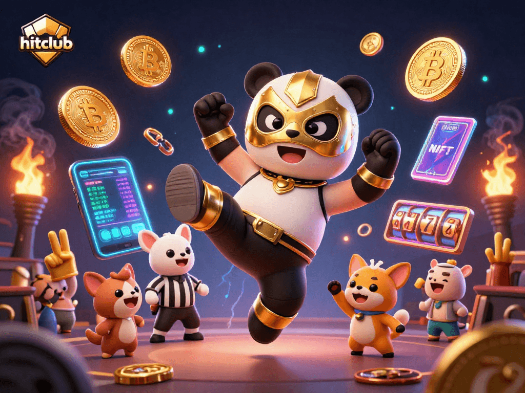 hitclub showcases action-packed gaming with a panda wrestler and vibrant cryptocurrency elements