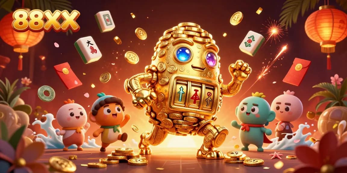 Spin the reels with 88XX, a golden golem surrounded by festive gaming elements.