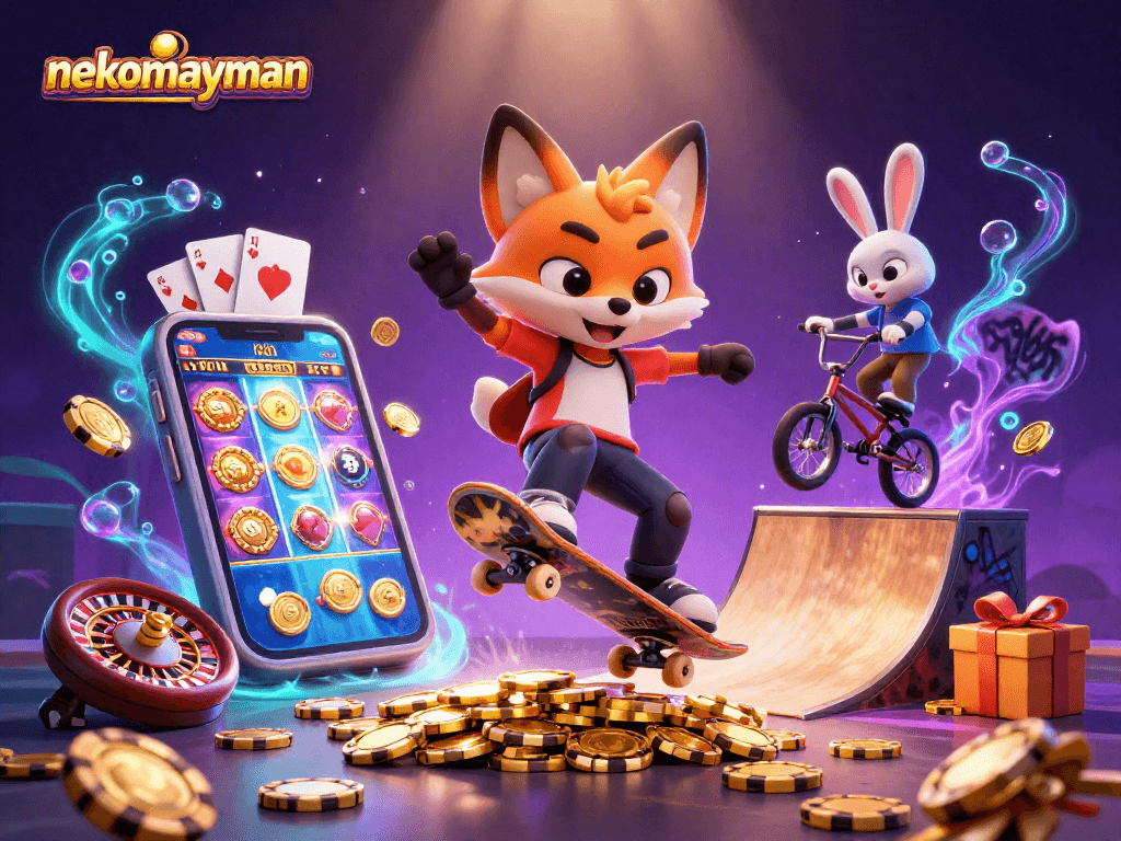 Neko May Mắn captures a vibrant scene with the skateboarder fox and BMX-riding rabbit amidst casino symbols, engaging players in thrilling slot games.