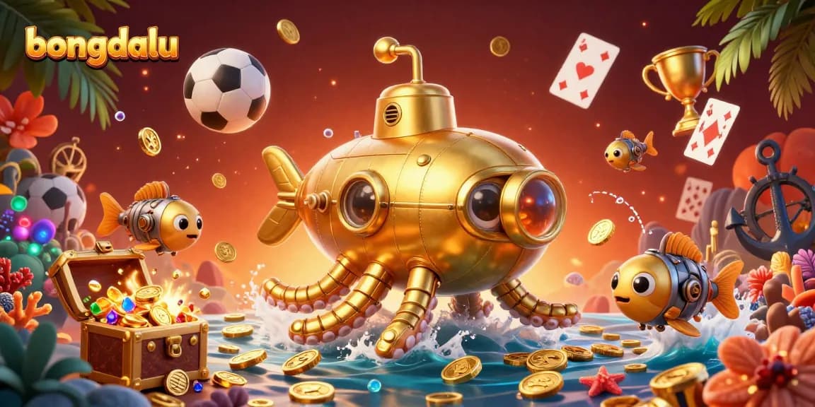 Bongdalu offers thrilling sports betting experiences with a 3D kraken submarine among gold coins.