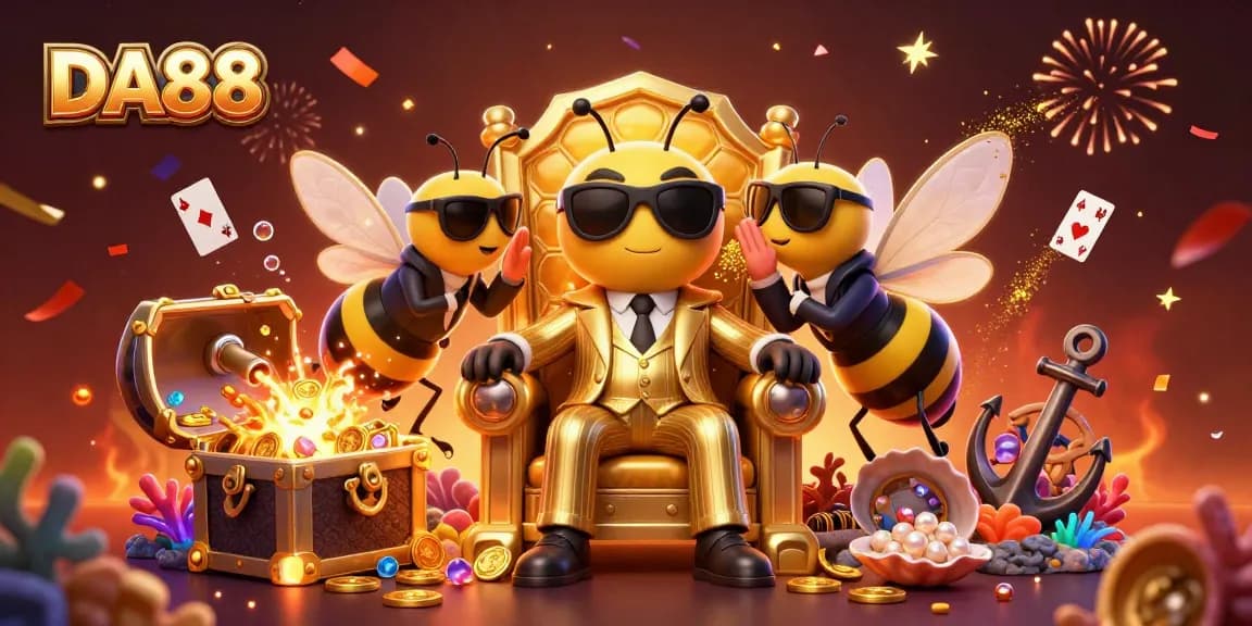 Engage with DA88 in an exciting casino scene filled with vibrant treasures and animated characters.