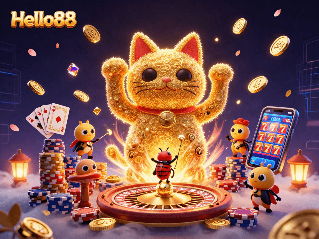 Engage with Hello88's dynamic casino experience featuring a lucky cat and a conductor beetle.