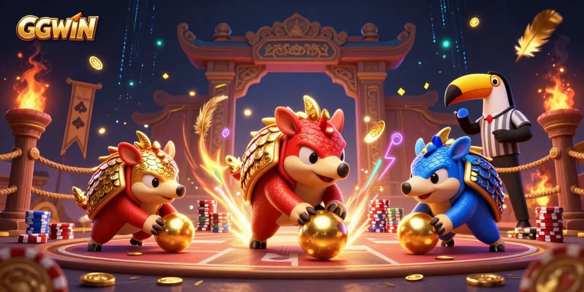Engage with GGWIN's thrilling casino experience featuring playful pangolins amid golden poker chips.