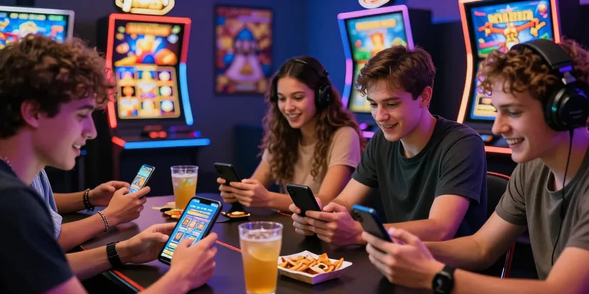 Engaging scene of friends playing situs slot deposit 10 ribu online, showcasing excitement and social connection in a vibrant gaming setup.