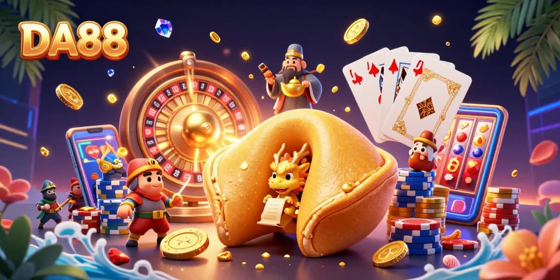 Engage with DA88's exciting casino world, featuring a golden fortune cookie and treasures.