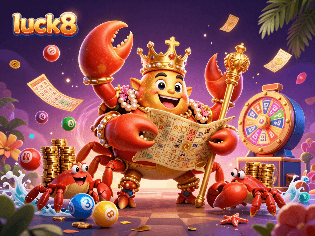 Experience luck8's vibrant gaming atmosphere with a golden crab emperor leading exciting lottery elements.
