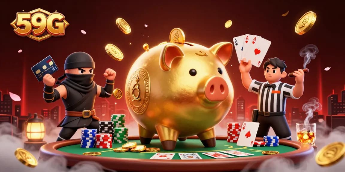 Win big with 59G: A golden piggy bank sumo wrestler shakes loose coins in a vibrant casino scene.