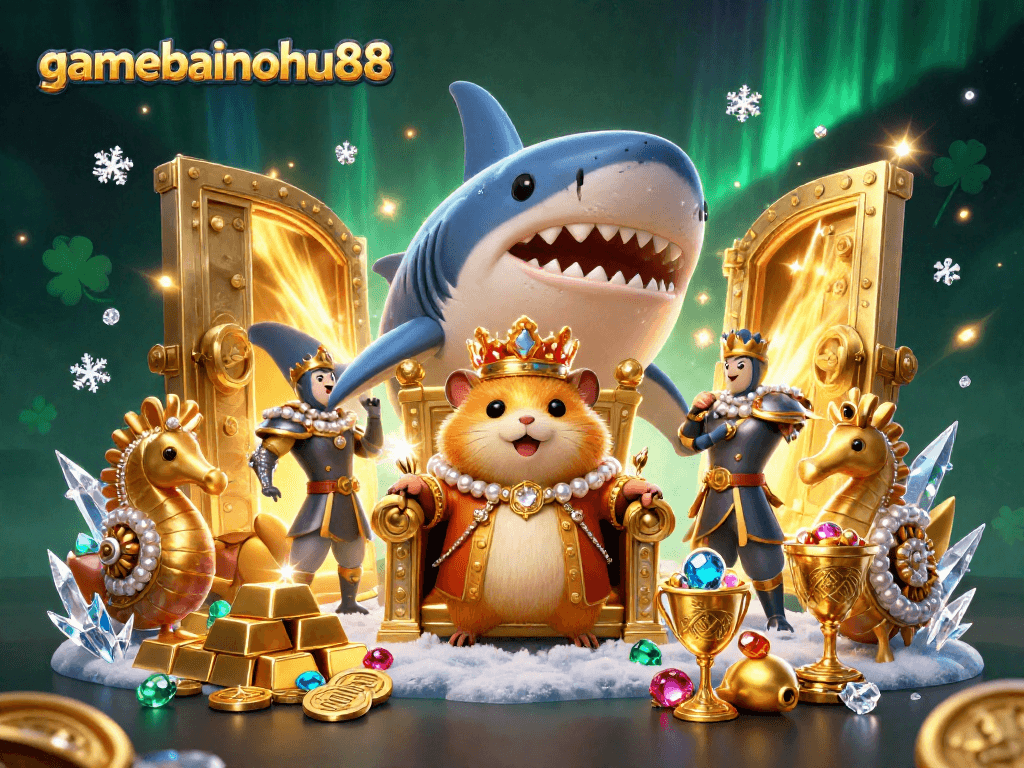 Experience gamebainohu88 as the golden hamster king sits on a massive megalodon throne amidst treasure.