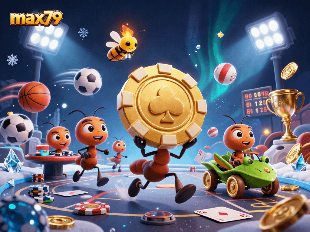 Action-packed max79 scene with ants heisting poker chips, sports balls, and vibrant gambling elements.