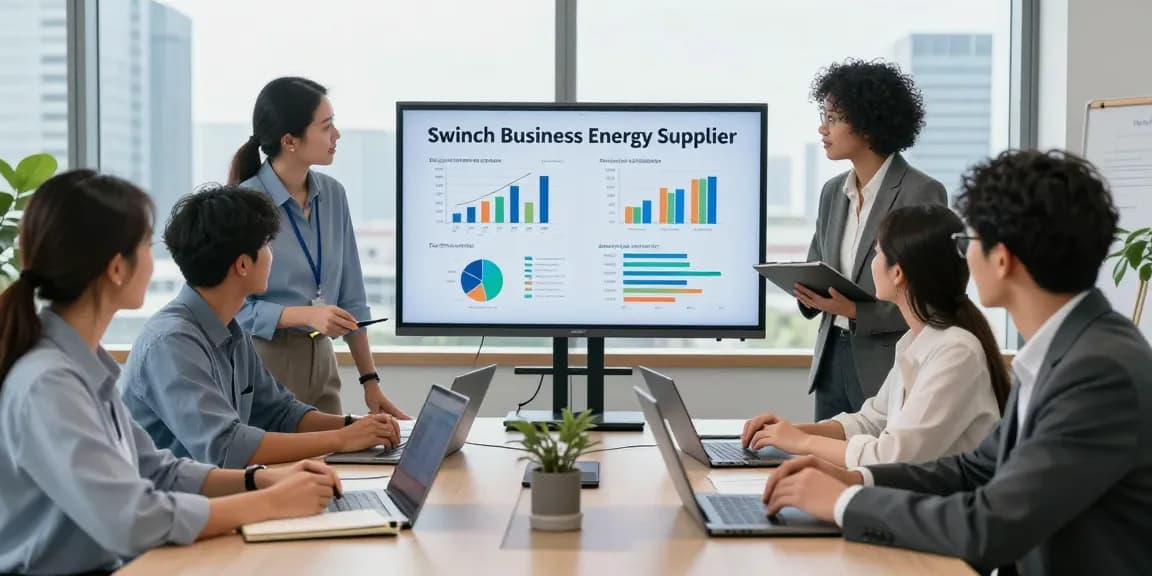 Team discussing strategies to switch business energy supplier in a modern office.