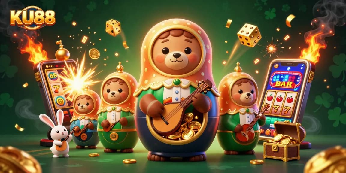 Spin to win at KU88 with lively casino-themed 3D illustration featuring charming characters.
