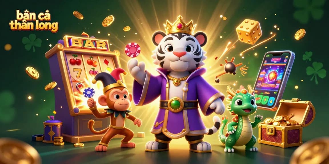 Engage in thrilling gameplay with bắn cá thần long featuring a lively tiger, monkey, and dragon in an enchanting casino scene.