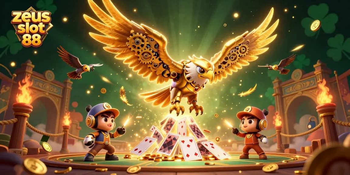 Engage with zeus slot 88 in an immersive 3D illustration featuring a cybernetic eagle amidst casino excitement.