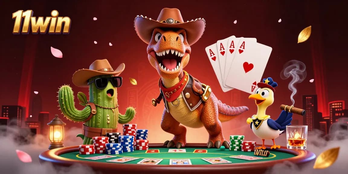 Engage in exciting gameplay at 11win with a cartoon dinosaur and friends around a dynamic poker scene.