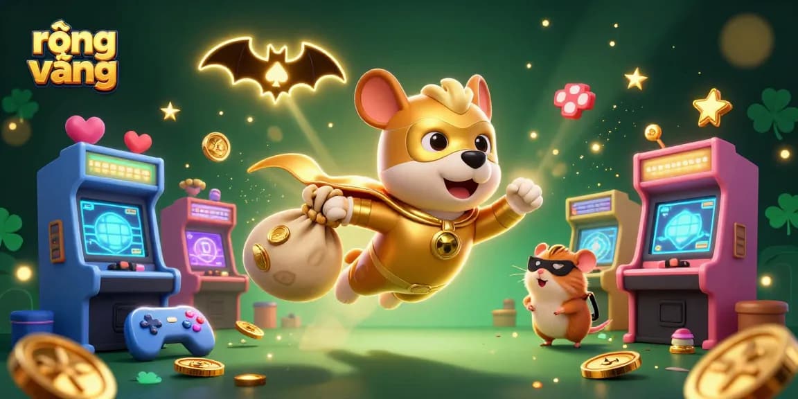 Experience the thrill of rồng vàng with a cartoon superhero dog and vibrant casino elements!