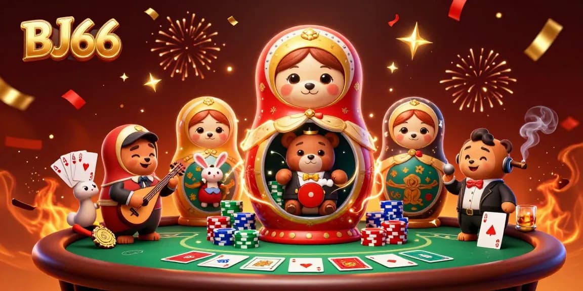 Join the excitement at BJ66 with a vibrant casino scene featuring playful characters and rich game elements.
