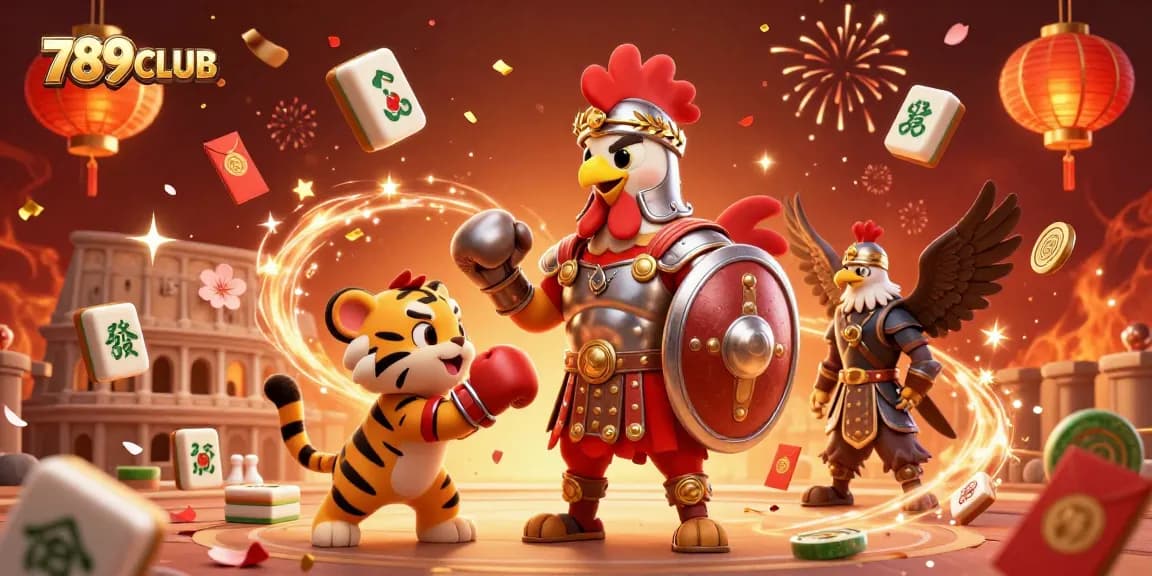 Engage with the dynamic 789CLUB casino atmosphere featuring a gladiator rooster and a tiger cub, amidst festive elements.