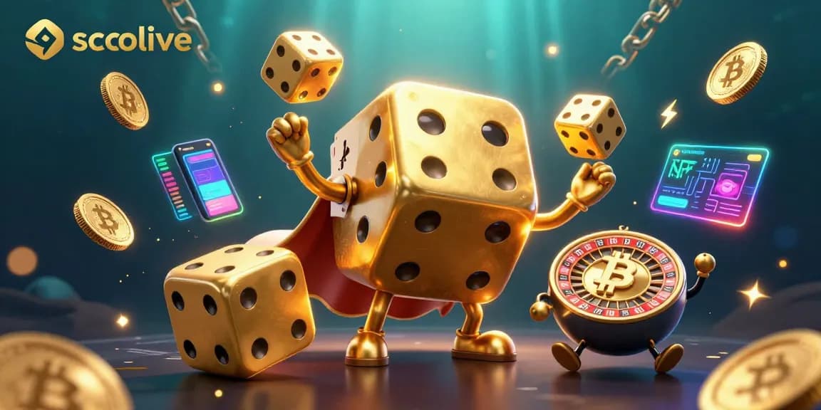 Socolive showcases vibrant, dynamic casino action with golden dice, cryptocurrency elements, and electrifying visuals.