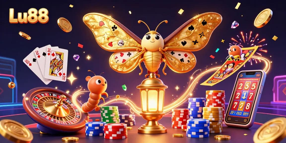 Experience the thrill of Lu88 with a dynamic 3D casino illustration showcasing vibrant gaming elements.