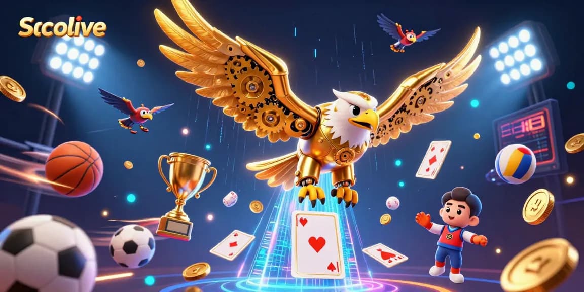 Socolive showcases thrilling sports action with vibrant holographic visuals and dynamic golden eagle.