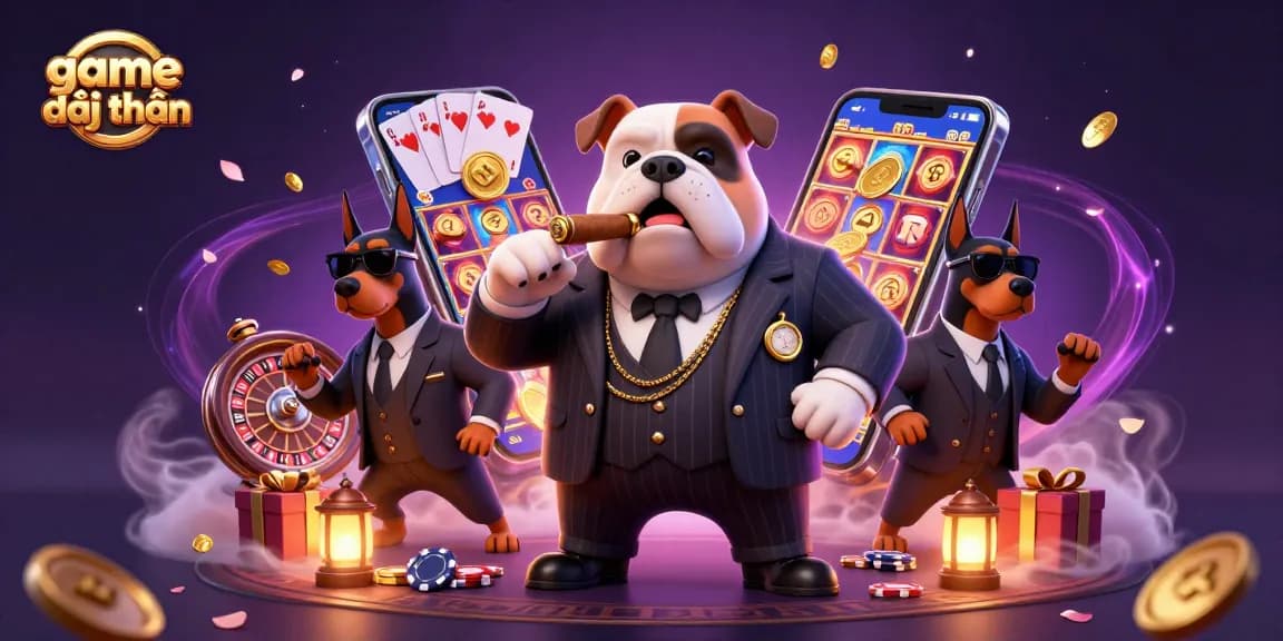 Experience the thrill of game đổi thưởng with a mafia bulldog and gaming elements in 3D illustration.