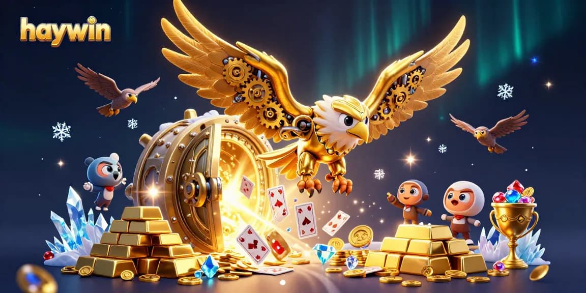 Play with haywin, showcasing a cybernetic golden eagle amidst holographic cards and treasures, symbolizing winning.