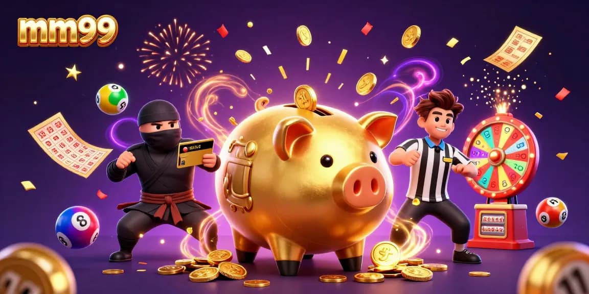 Experience thrilling gambling action with mm99 featuring a golden piggy bank sumo wrestler and vibrant lottery elements.