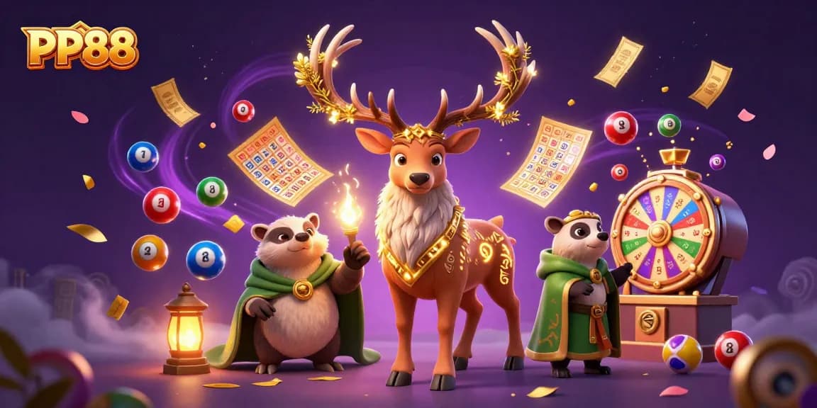 Experience the exciting world of PP88 with vibrant lottery elements and mystical characters.