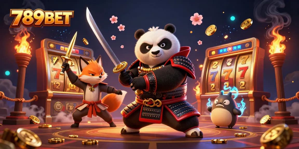 Engage in thrilling action at 789BET with a dynamic illustration featuring a samurai panda and a ninja fox.