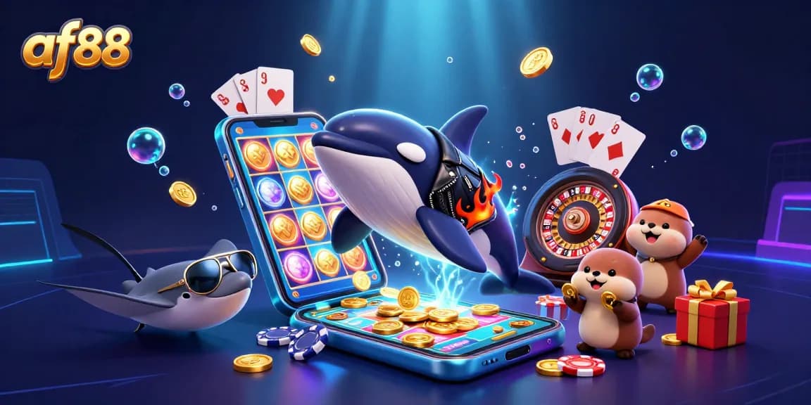 Experience the thrill of gaming with af88 as cute sea otters hold golden coins amidst vibrant casino elements.