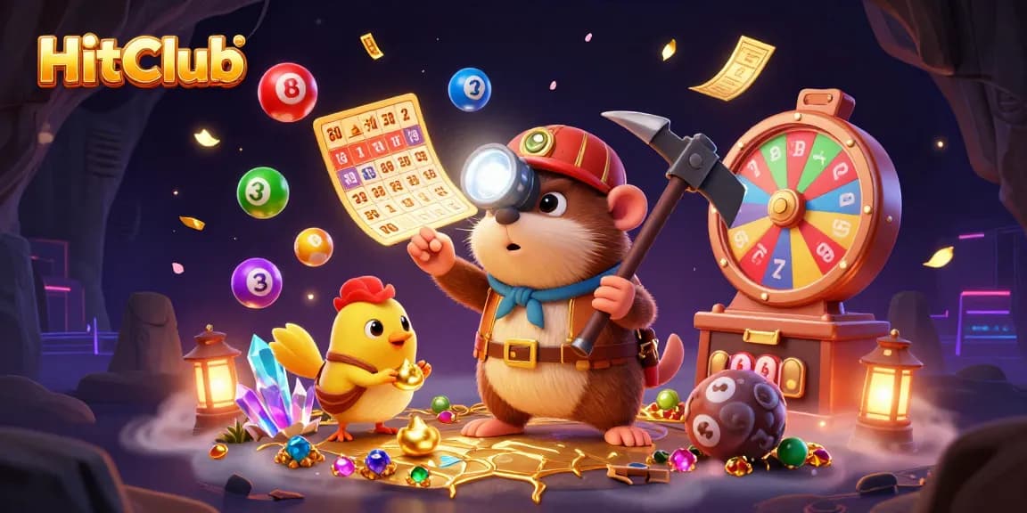 HitClub creates a vibrant scene with cartoon characters mining treasures amidst dynamic gaming elements.