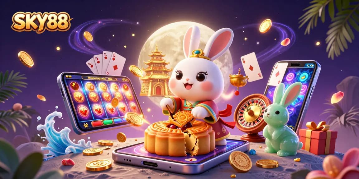 Experience thrilling gameplay at SKY88 with vibrant slots and poker chips amidst a celestial scene.