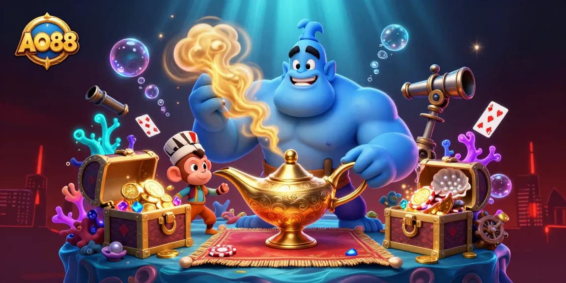 Engage with AO88's vibrant casino world featuring a genie, monkey, and poker chips amidst underwater treasures.