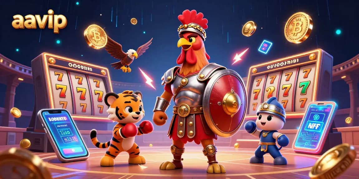 Engage with thrilling casino action at aavip featuring a vibrant scene with characters, slots, and crypto elements.