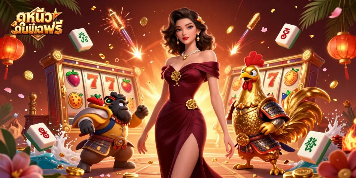 Experience ดูหนังออนไลน์ฟรี with glamour and fortune in this vibrant casino scene featuring colorful slot reels and a heroic warrior.