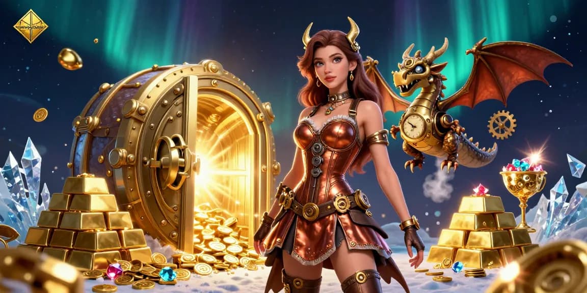 Sriwijayatoto reveals an enchanting 3D casino scene with a steampunk woman and golden treasures.